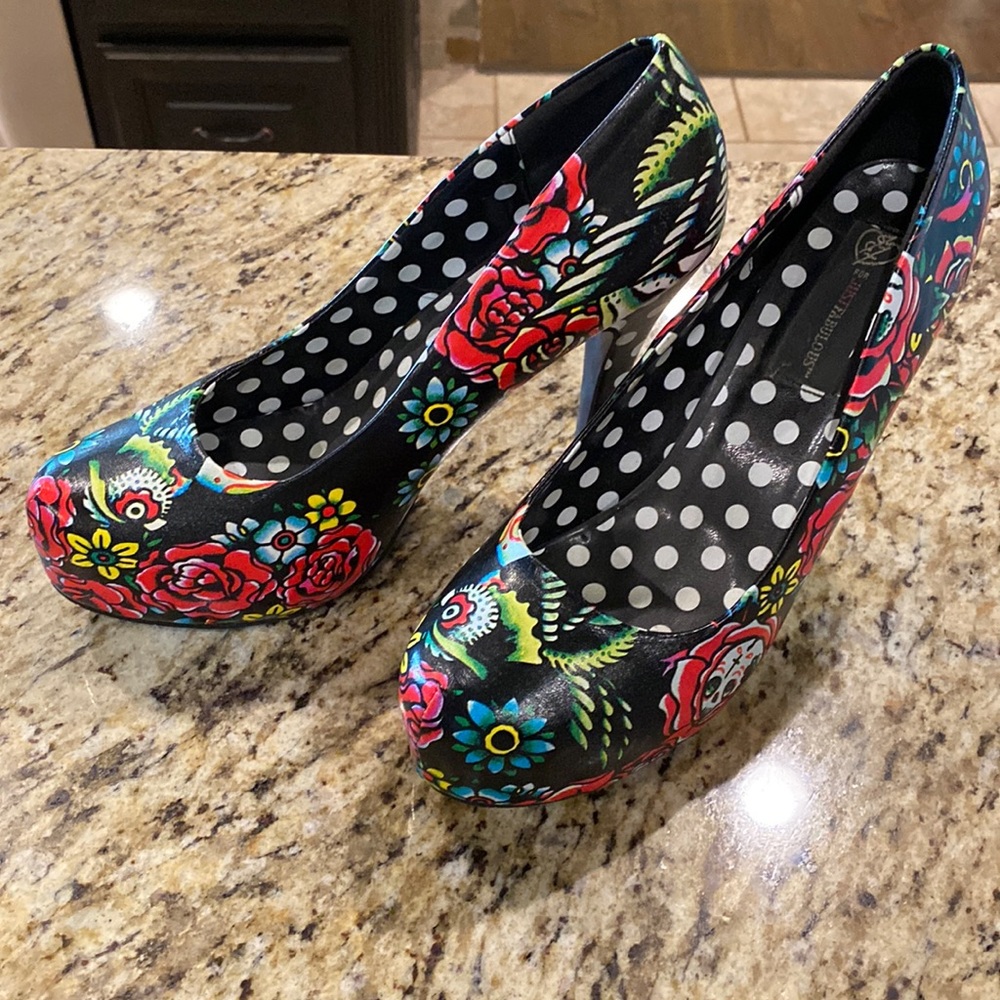 Candy Skull Roses Tattoo Black Pump High Heel Polka Dot Pin Up Retro Platform